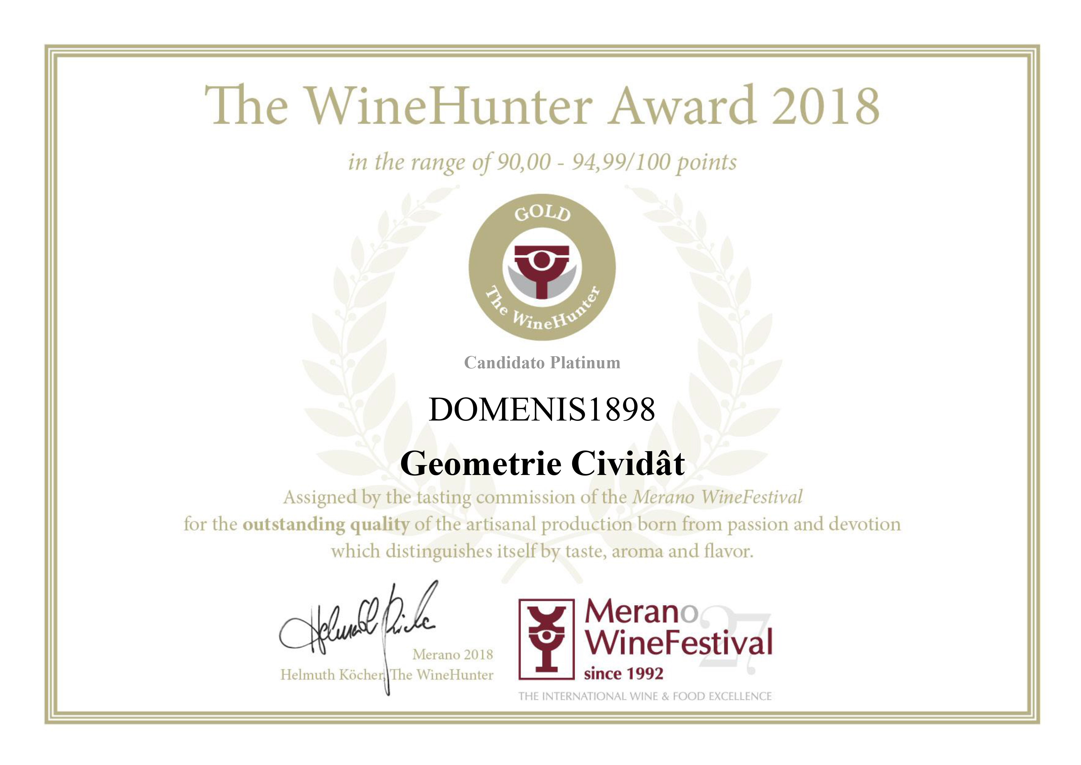 WINEHUNTER AWARD 2018 – PREMIO ORO – Geometrie Cividat – Candidato platinum