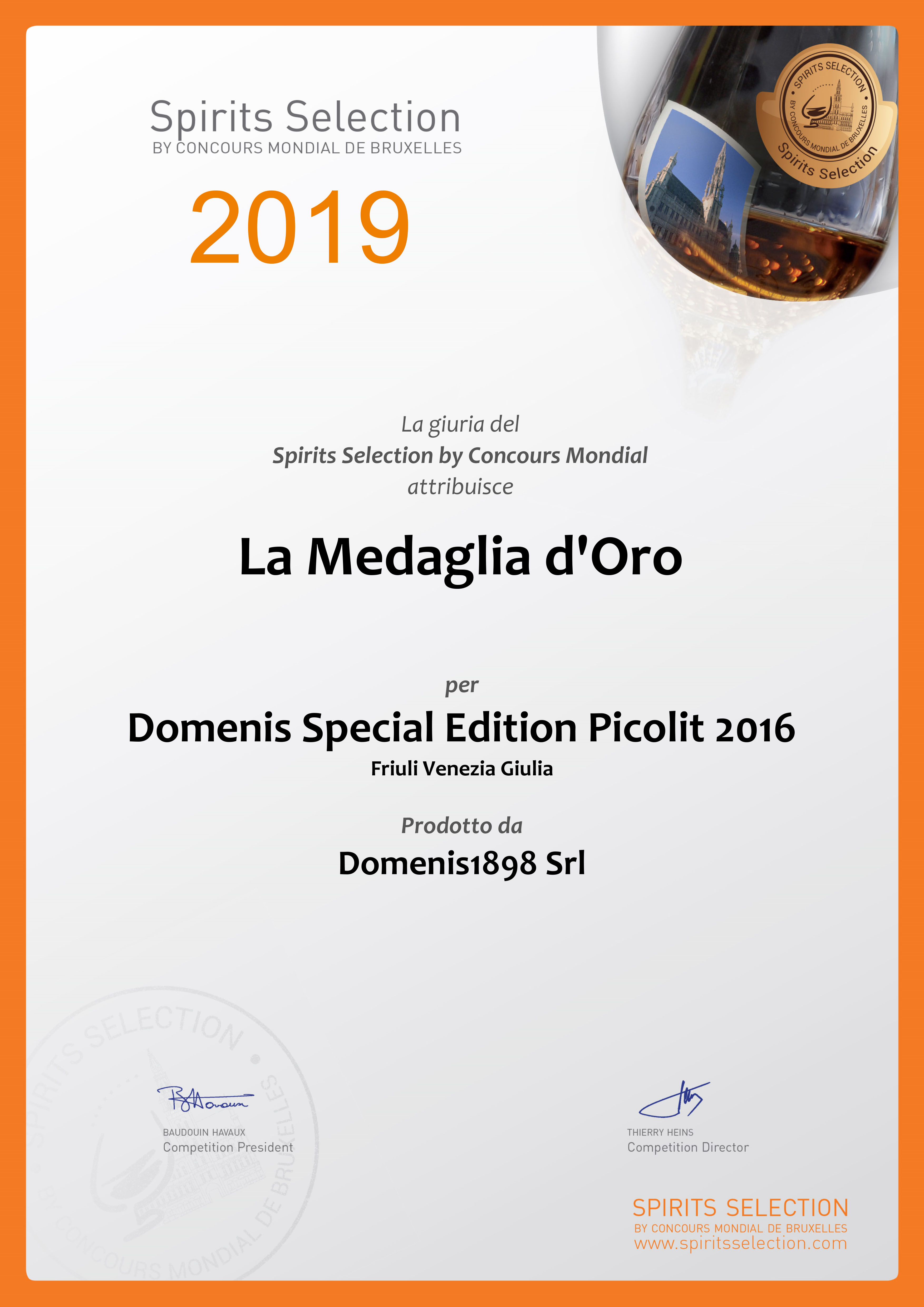 SPIRITS SELECTION by Concours Mondial de Bruxelles_2019 – GOLD MEDAL – DOMENIS SPECIAL EDITION PICOLIT
