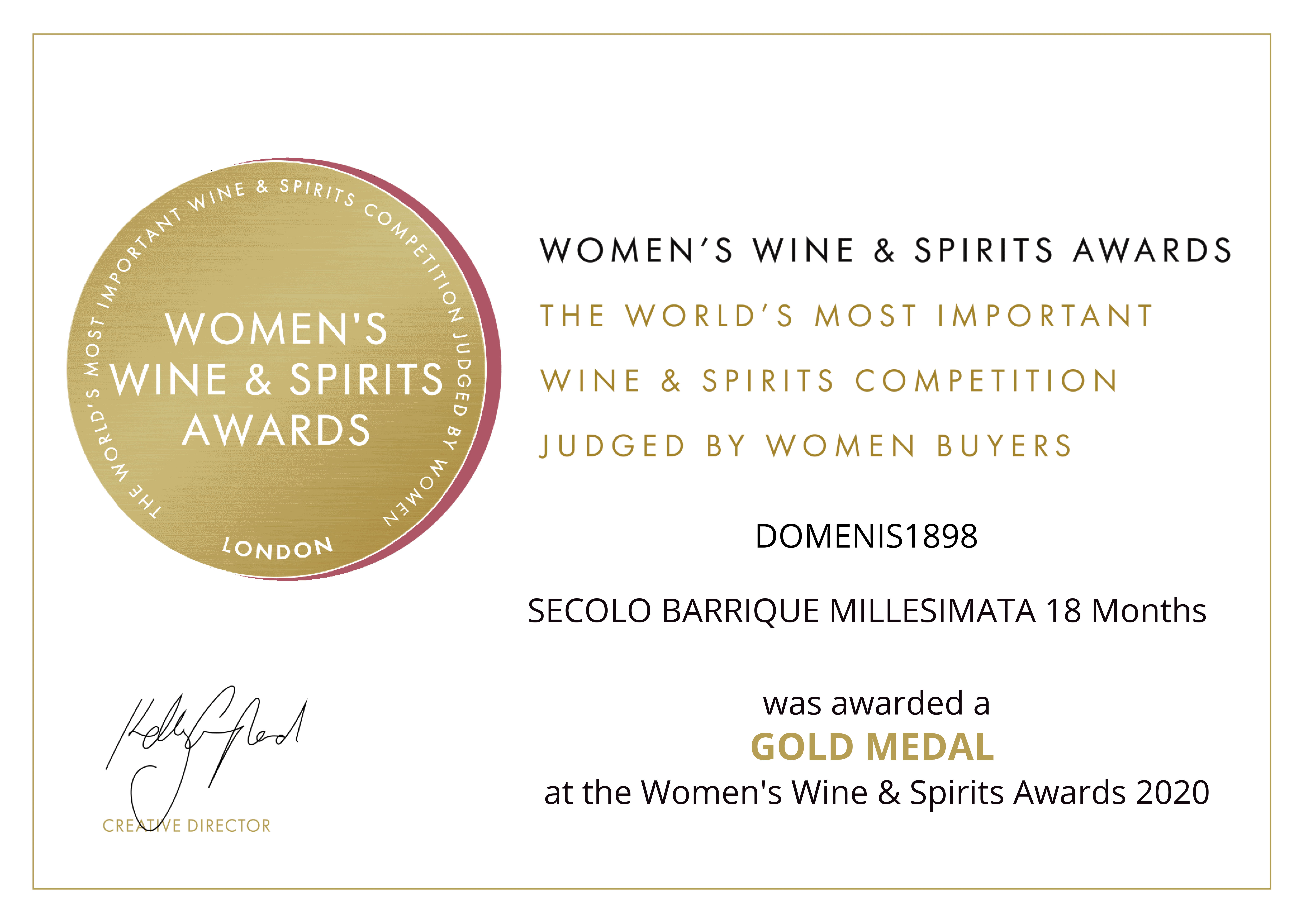 WOMEN’S WINE & SPIRIT AWARDS 2020 – GOLD – SECOLO RISERVA BARRIQUE MILLESIMATA