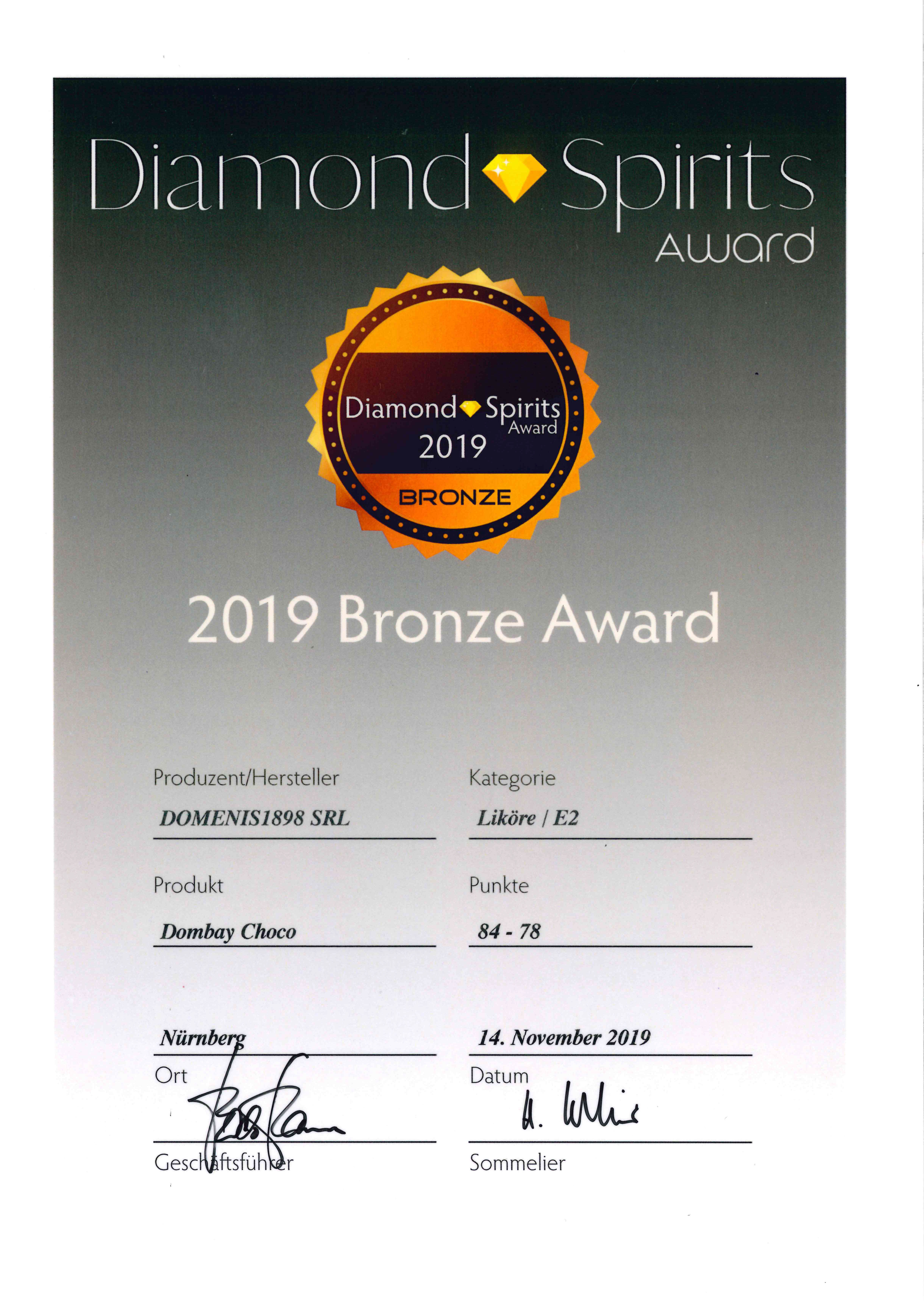 DIAMOND SPIRITS AWARD 2019 – BRONZE – DOMBAY CHOCO