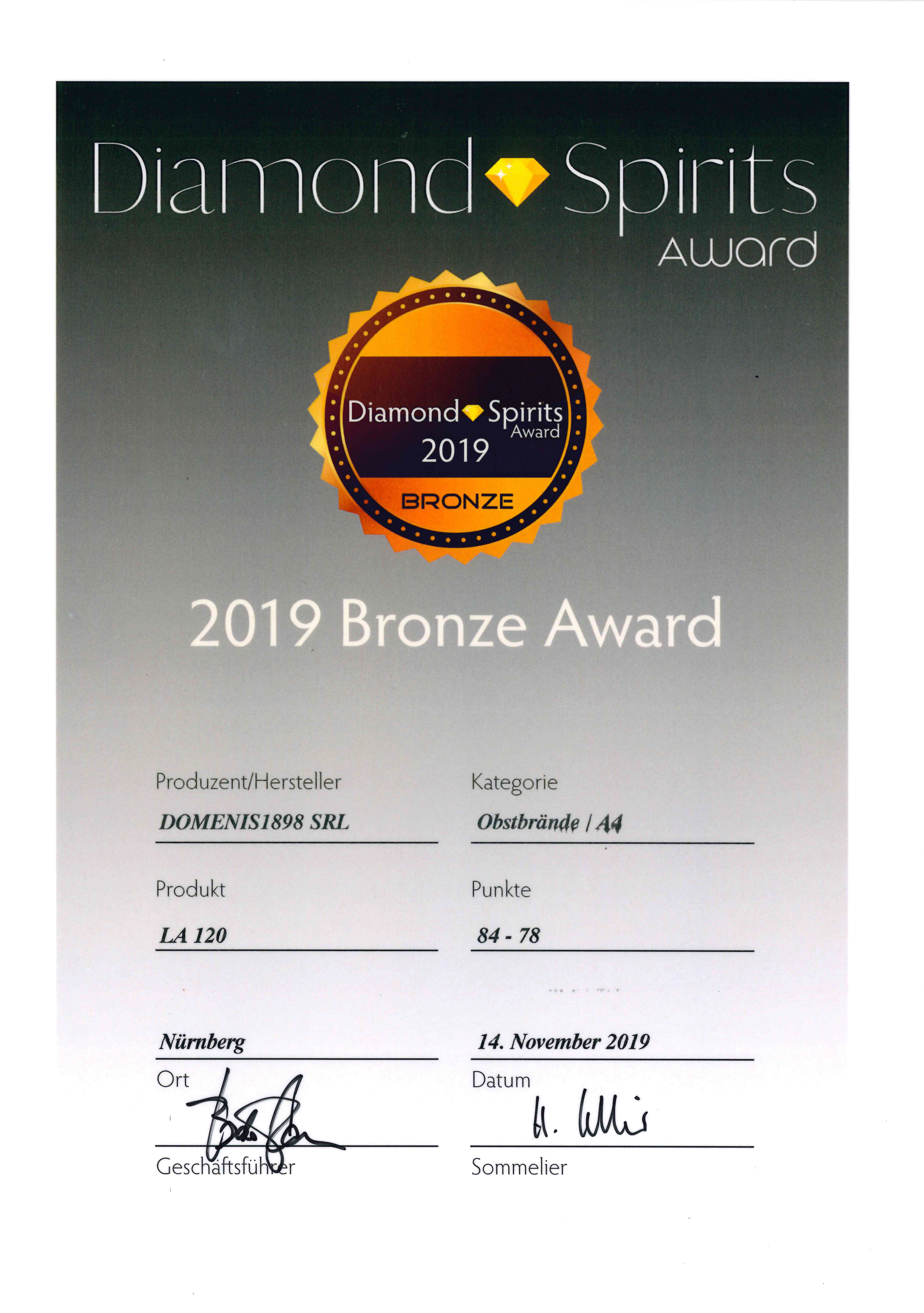 DIAMOND SPIRITS AWARD 2019 – BRONZE – LA120