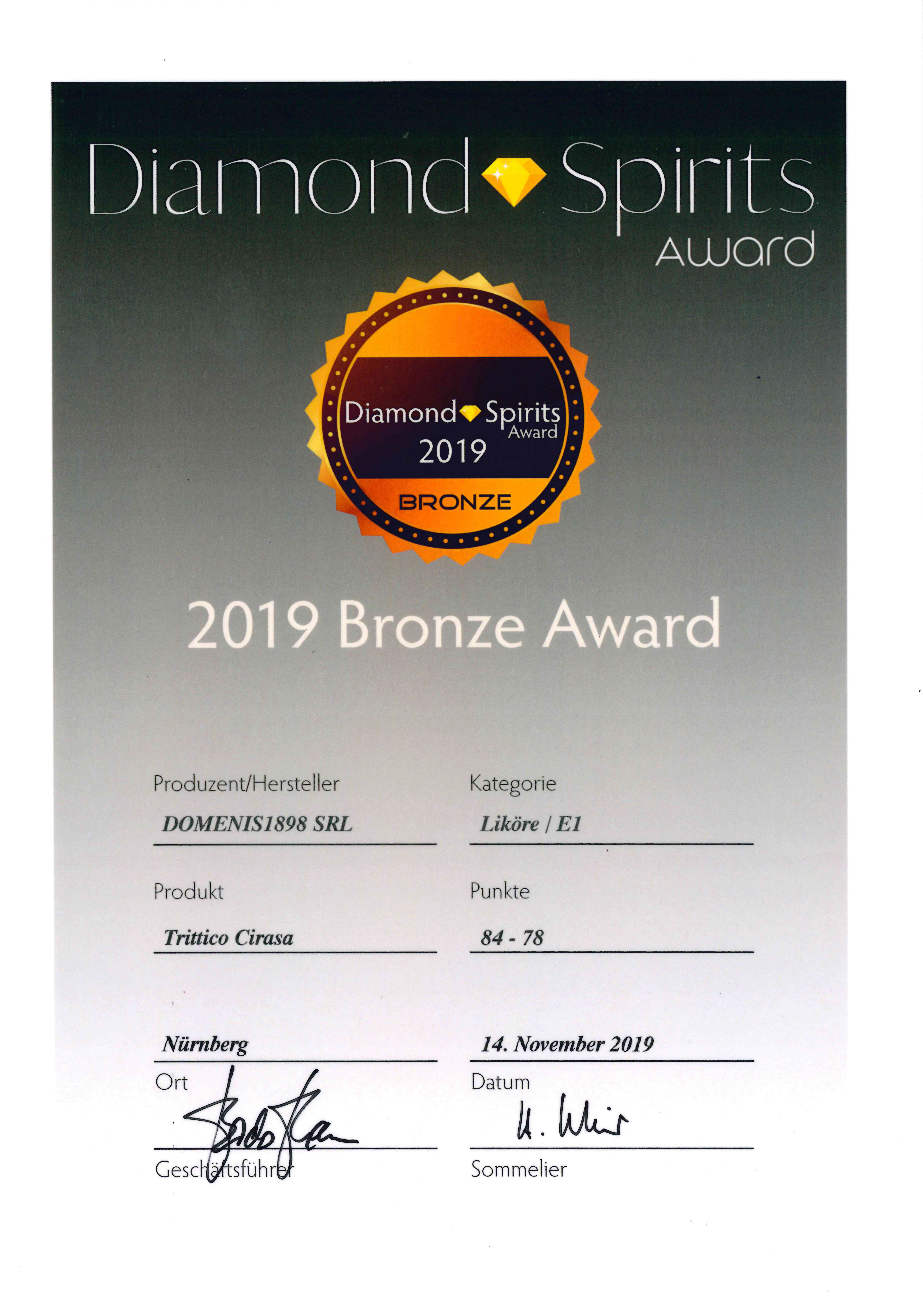 DIAMOND SPIRITS AWARD 2019 – BRONZE – TRITTICO CIRASA