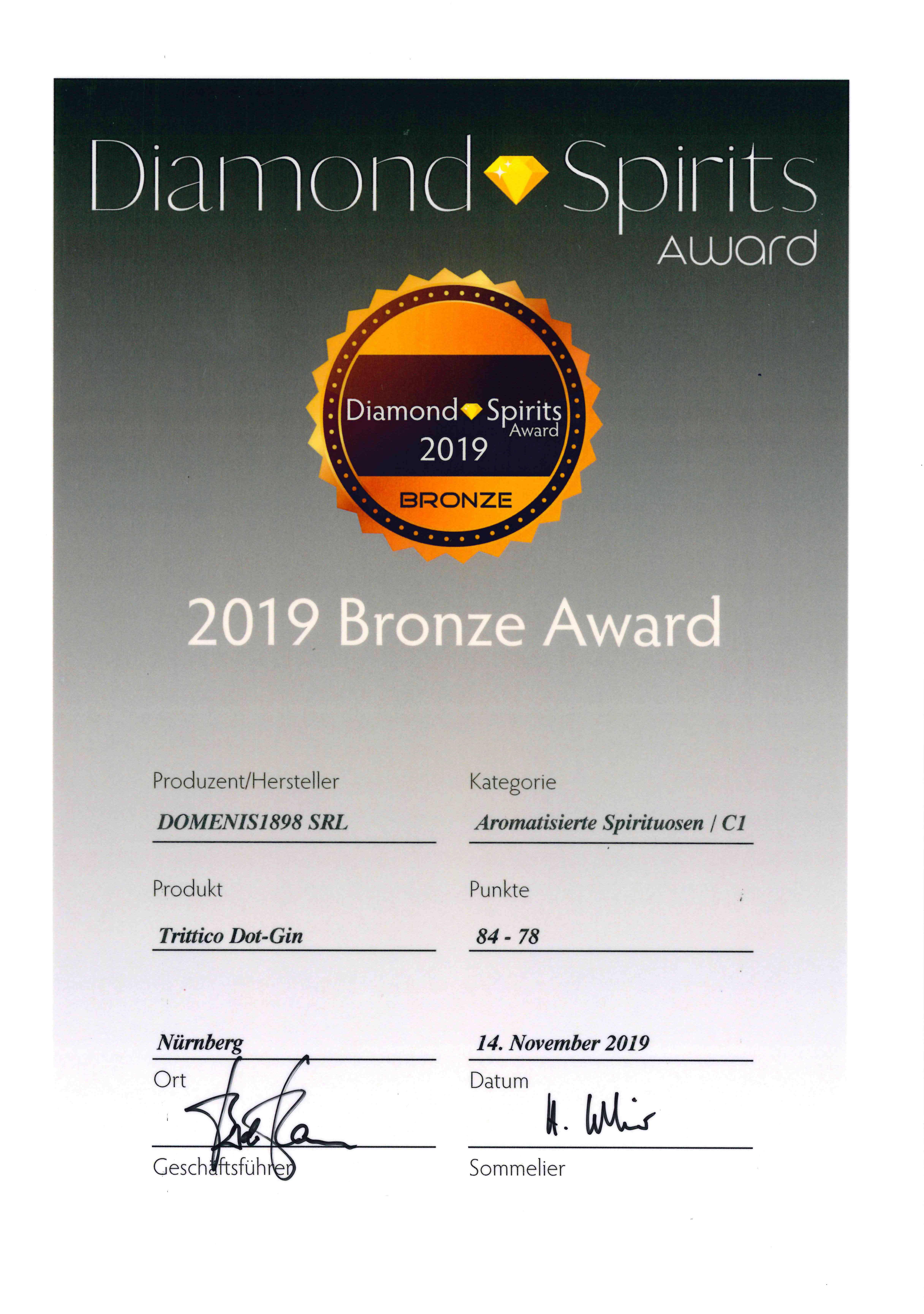 DIAMOND SPIRITS AWARD 2019 – BRONZE – TRITTICO DOT-GIN