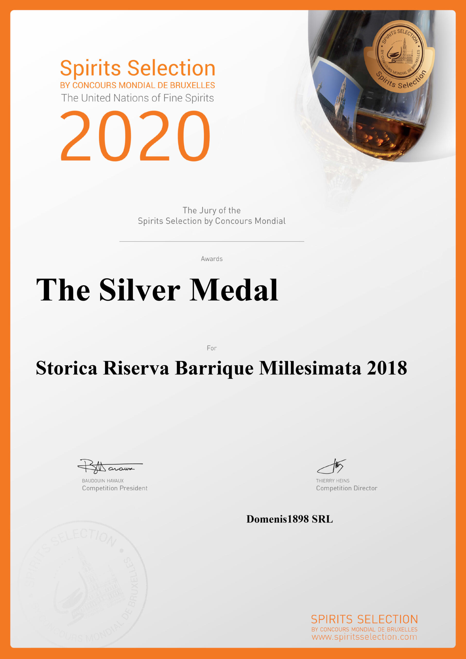 Spirits Selection by Concours Mondial de Bruxelles 2020 – Silver Medal – Storica Riserva Barrique Millesimata