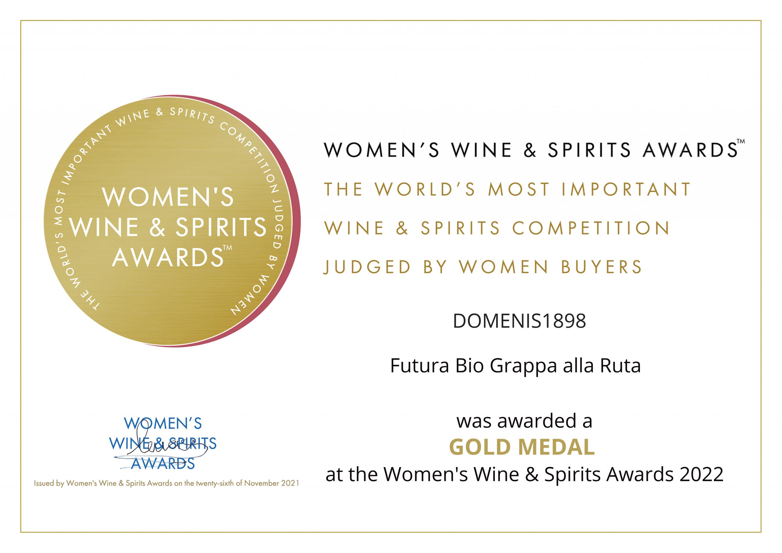 Women’s Wine & Spirit Awards 2022 – Gold Medal – Futura BIO Grappa alla Ruta