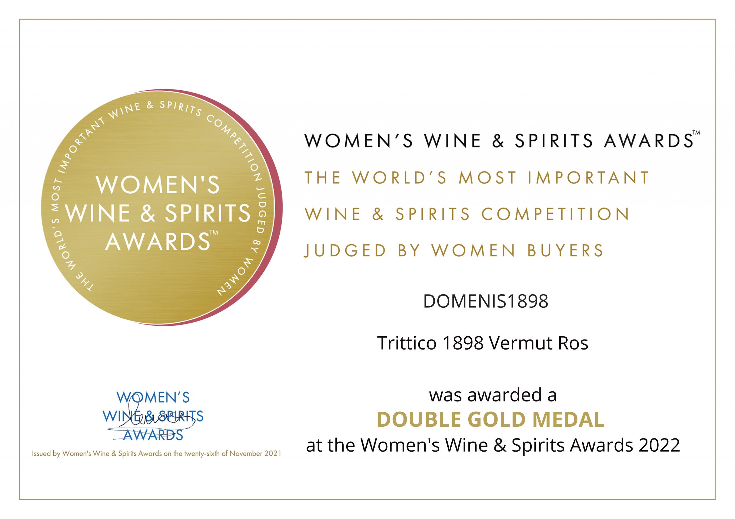 Women’s Wine & Spirit Awards 2022 – Double Gold Medal – Trittico 1898 Vermut Ros