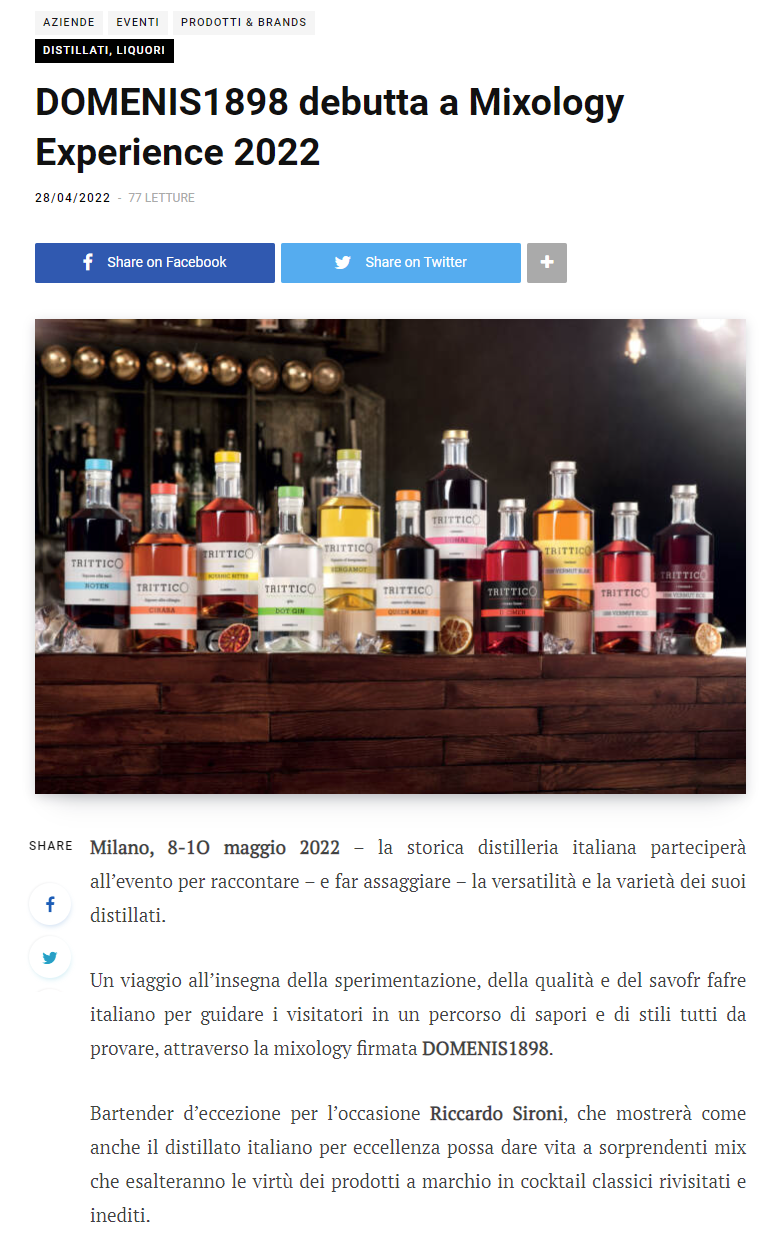 2022 aprile 28: Beverfood.com – DOMENIS1898 debutta a Mixology Experience 2022