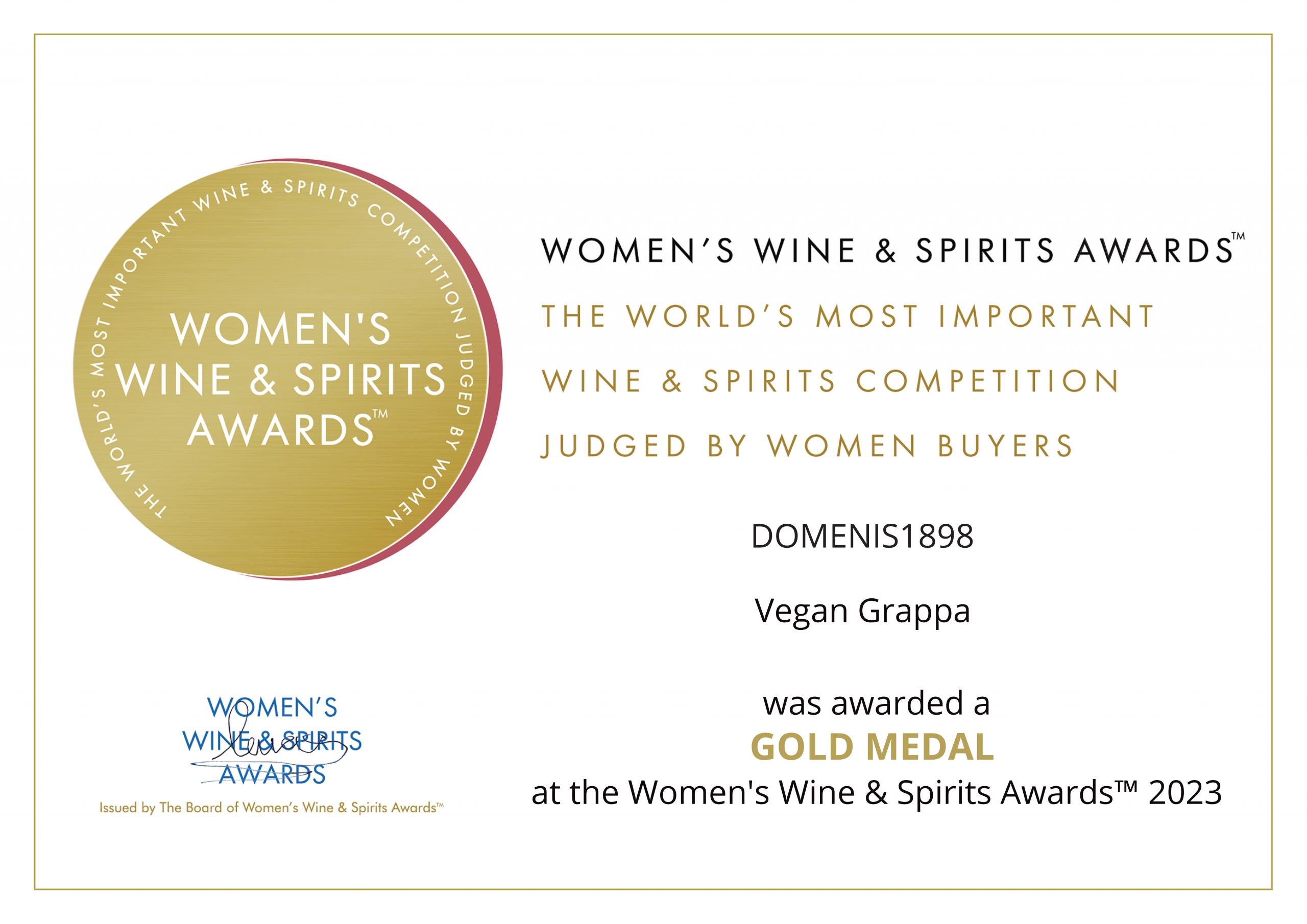 Women’s Wine & Spirit Awards 2023 – Gold Medal – Vegan Grappa